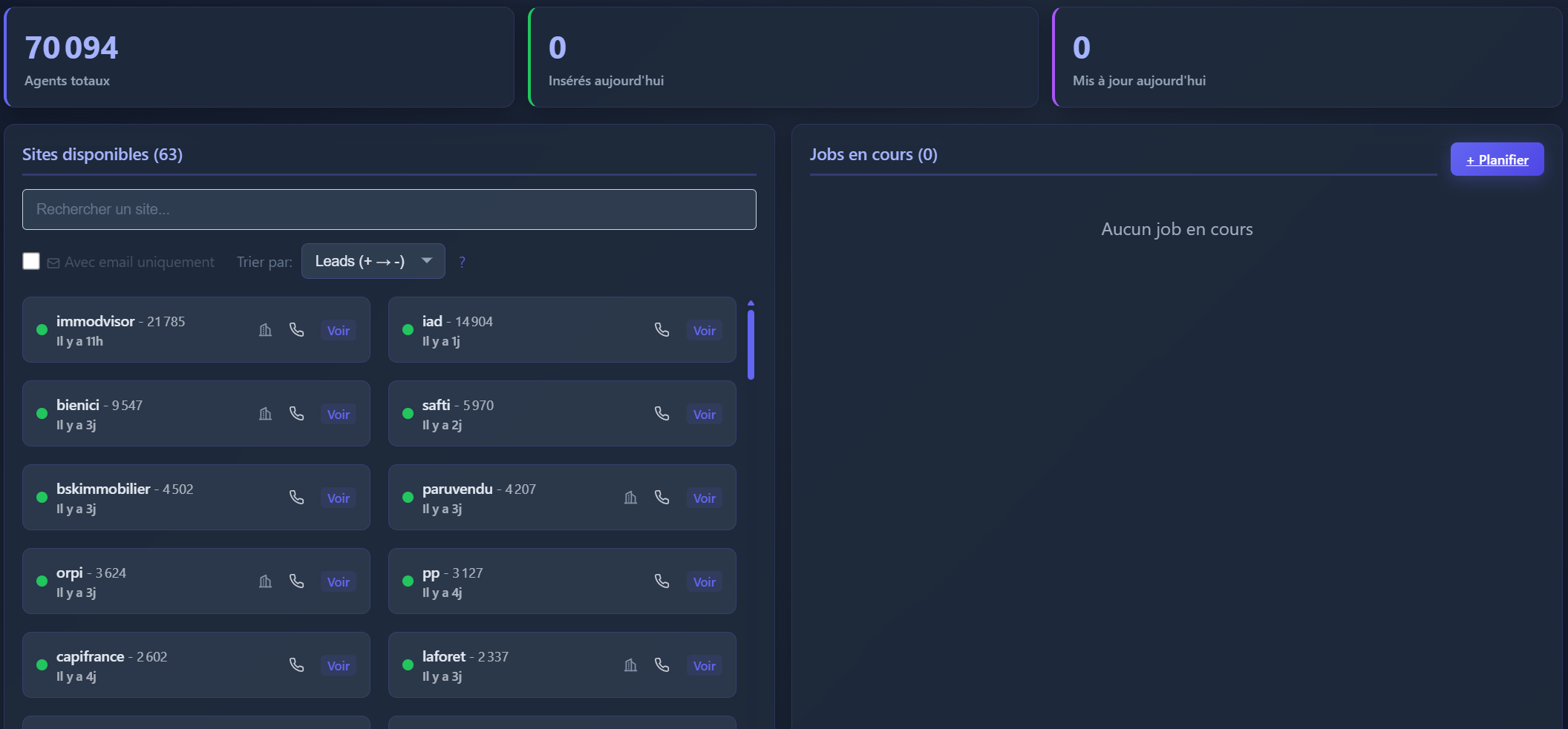 Dashboard Agregateur-Immo avec liste de +70 sites immobiliers disponibles et statistiques en temps réel