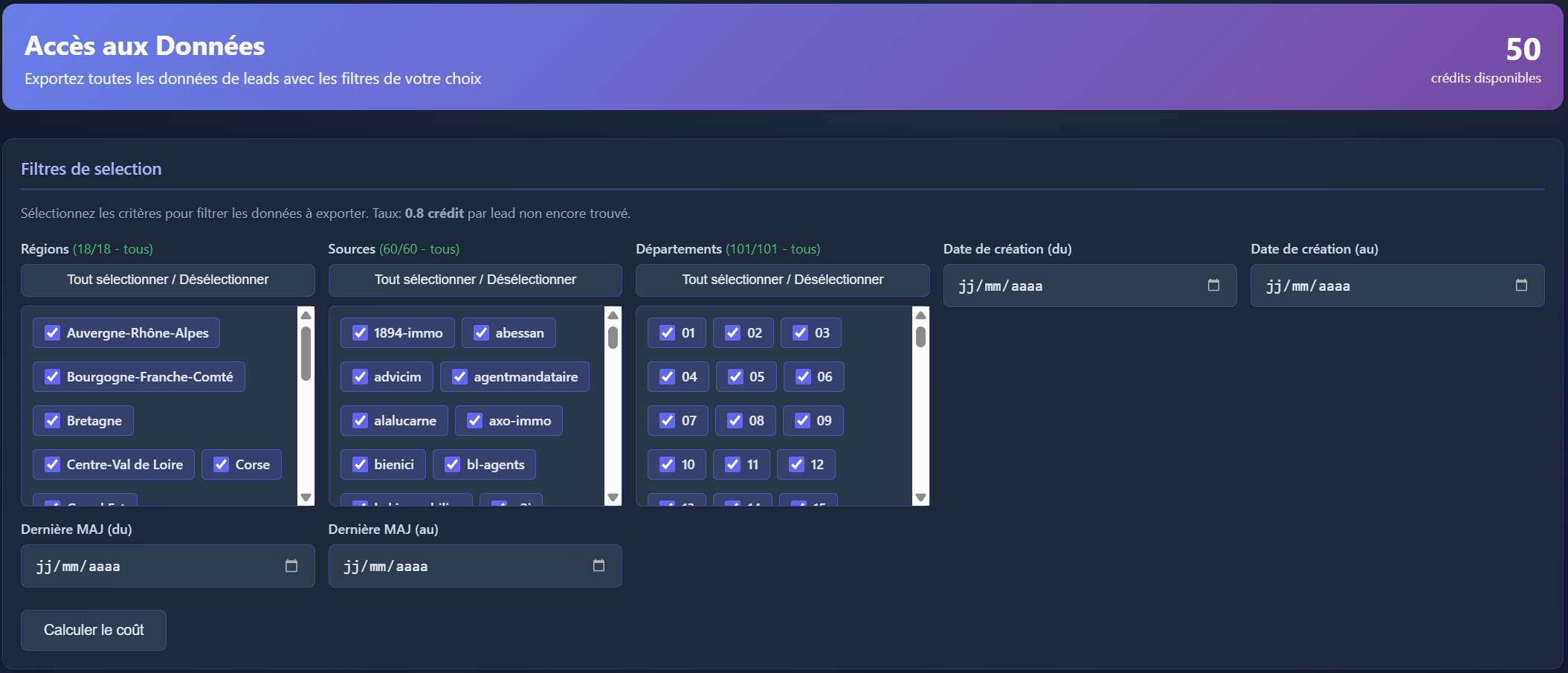 Interface d'export Agregateur-Immo avec filtres par régions, départements et sélection des colonnes à exporter
