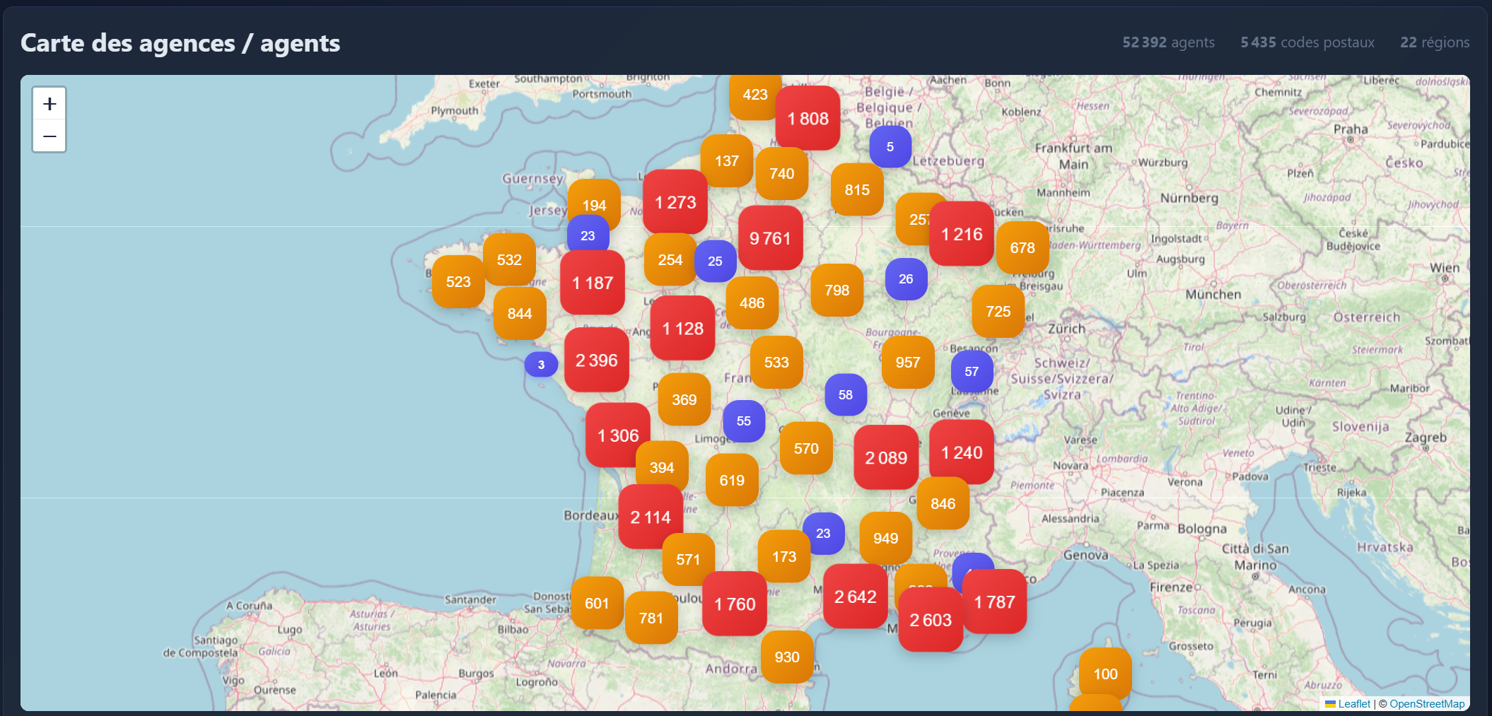 Carte interactive Agregateur-Immo montrant la répartition géographique des agents et agences par code postal