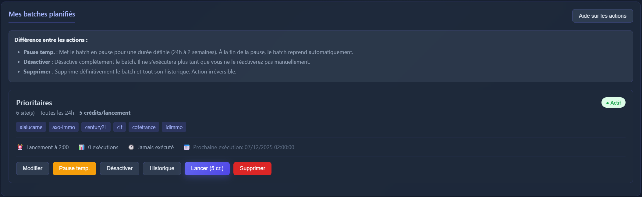 Interface planification des scrapings Agregateur-Immo pour programmer les lancements automatiques